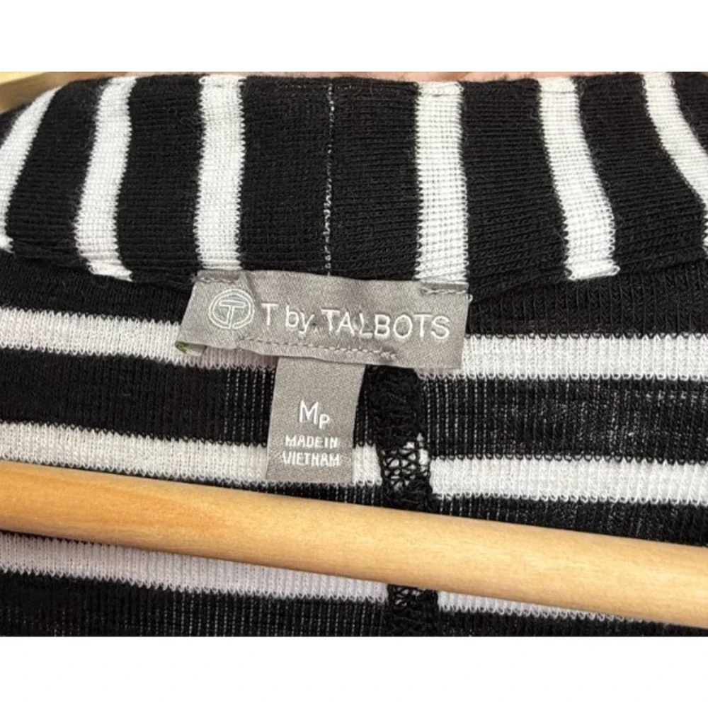 T By Talbots Women's Striped Open Front Cardigan PM Black White Casual Preppy